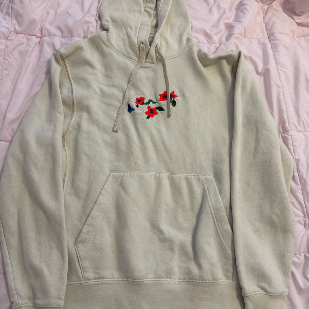 Nike Men's Embroidered Floral Swoosh Hoodie Beige Size S